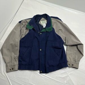 Vintage Navy and Gray Bomber Jacket with Green Accents